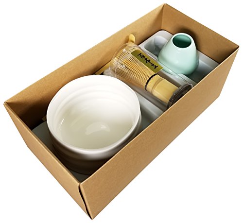 Matcha Tea Set with Matcha Bowl, Whisk and Stand for Traditional Japanese Tea Ceremony or Everyday Use by Princeton Wares. (Plum Blossum White)