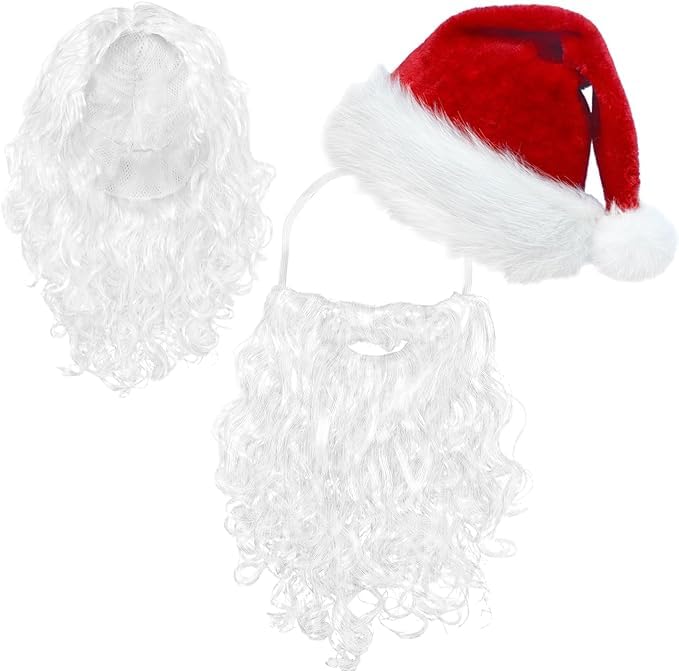 ROSAUI Santa Hat, Beard & Wig Set for Adults – Premium Santa Claus Fancy Dress Costume Accessories – Soft Elastic Strap Beard & Fluffy Wig for Christmas Parties