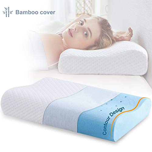 Queen Size Memory Foam Pillow with Bamboo Cover, Cervical Support Pillow for Neck Pain, Orthopedic Contour Pillow Neck Support Pillow for Back, Stomach, Side Sleepers, Bed Pillow for Sleeping