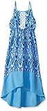 Emily West Big Girls Printed High Low Dress with Lace Panel Overlay and Trim, Turquoise/White/Multi, 12
