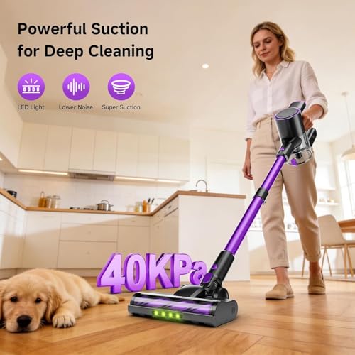 Honki Cordless Vacuum Cleaner, 500W/40Kpa Vacuum Cleaners for Home, Stick Vacuum Cordless with LED Display, Anti-Tangle & Wall Mount, 8 in 1 Lightweight Vacuum for Hard Floors Pet Hair(Purple)