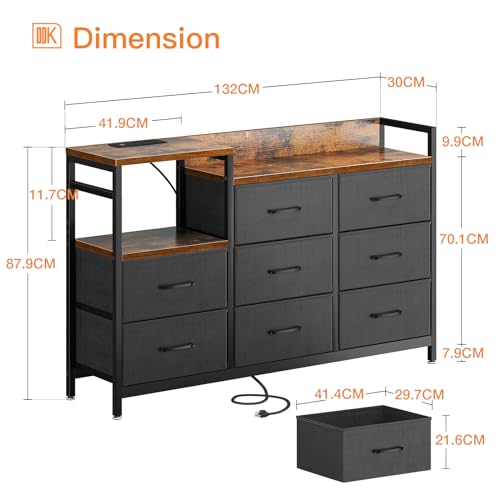 ODK Chest of Drawers Bedroom, Contains 2 USB & 2 AC Ports Sockets, Storage Dresser with 8 Fabric Drawers Suitable for Bedrooms, Living Rooms, Retro Color