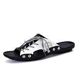 HWJ-Z1602heibai40 EnllerviiD Men Open Toe Slip On Leather Slide Sandals Indoor Outdoor Black/White 7.5 D(M) US