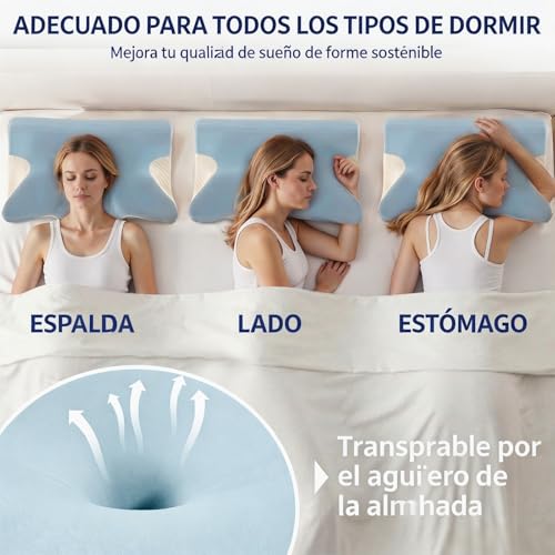 Honfay Almohada ergonómica para el Cuello, Almohada 2 en 1 de Espuma viscoelástica, Almohada Cervical para quienes Duermen de Lado, Boca Arriba o Boca Abajo, 60 x 40 x 12/14 cm (Azul Marino)