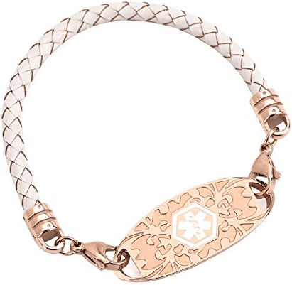 BAIYI Medical Alert ID Bracelets Rose Gold Tags with Bolo Leather Rope Emergency Bangle for Women 6-8inch Free Engraving