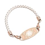 BAIYI White Leather with Rose Gold Medical Alert ID Tag Bracelets 7in (Free Engraving)