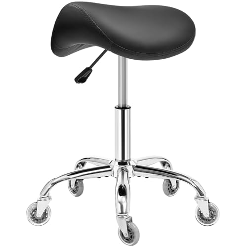 BEWISHOME Saddle Stool Height Adjustable, Saddle Stool with Wheels, 360° Swivel Stool, Roller Stool, Ergonomic Stool, Load Capacity 200 kg for Beauty Salons, Spas Salons and Clinics (Black)