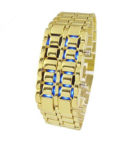 Hot Metallic Black Lava Faceless Blue LED Volcanic Men Lady Bracelet Wrist Watch (Men:Golden&Blue)
