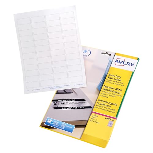 Avery Resistant, Printable, Heavy Duty Labels, Customisable, 45.7 x 21.1 mm, Silver, 48 Labels per Sheet, 960 Labels per Pack (L6009-20)