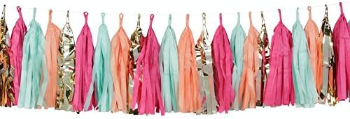 Tissue Paper Tassel Party Garland Ready To Hang (No DIY Assembly Required) Decorations for Baby Shower | Birthdays | Bachelorette Parties &amp; More (Mint Green, Peach, Bright Pink, Metallic Gold)