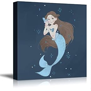 Canvas Wall Art Cartoon Beautiful Mermaid Painting Artwork for Home Prints Framed - 12x12 inches