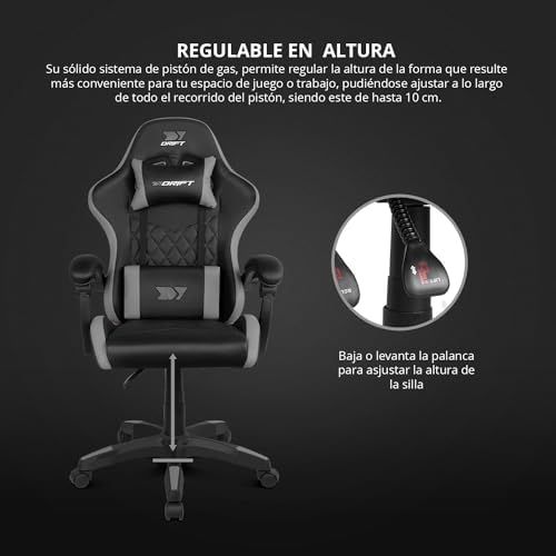 Drift gaming dr35 - cadeira profissional, couro sintético, apoios de braços acolchoados, pistão classe 3, base de nylon reforçada, assento giratório, altura ajustável, almofada lombar/cervical, cor preta
