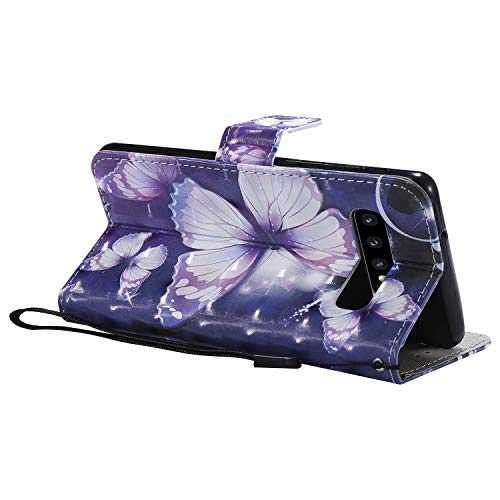 Funyye Magnetic Flip Case for Samsung Galaxy S10,Elegant 3D Purple Butterfly Fantasy Painted Design Folio Wallet Pocket with Stand Credit Card Holder Slots Soft Silicone Leather Case for Samsung S10