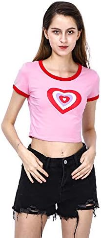 Women Cute Heart Print Pink Crop Top O-Neck Streetwear Tops Tees Harajuku T-Shirts