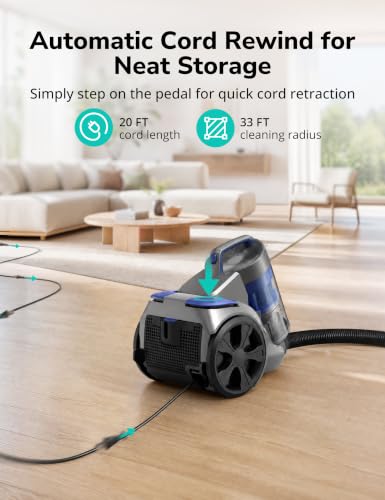 1700W Canister Vacuum Cleaner, 45Kpa Bagless Vacuum Cleaner, Multi-Cyclonic Filtration, 2 Anti-Allergen photo 12
