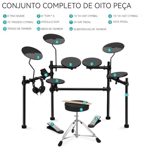 VEDO Bateria Eletrônica Portátil para Iniciantes com 4 Almofadas Silenciosas, 200 Sons, Banco Ajustável, Pedais Duplos e Fones de Ouvido - Kit Completo para Estúdio e Performances ao Vivo