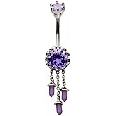 Pierced Owl 14GA 316L Stainless Steel Amethyst Gem with Triple Dangling Charms Belly Button Ring
