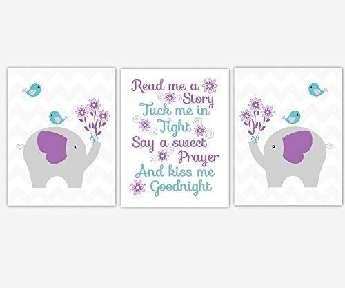 Girl Nursery Wall Art Elephant Purple Teal Aqua Gray Grey Chevron Birds Read Me A Story Kiss Me Goodnight Quote Baby Nursery Decor SET OF 3 UNFRAMED PRINTS