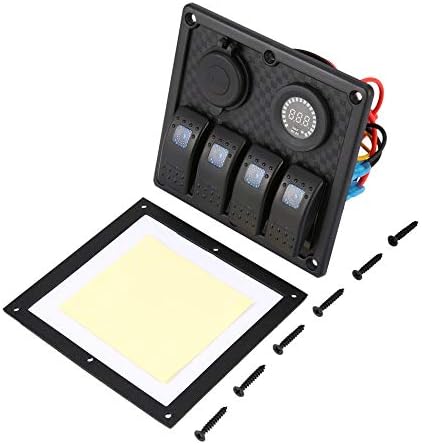 4 Gang Car Marine Boat LED Rocker Switch Panel Waterproof Circuit Breaker with Digital Voltmeter Dual USB Charger - black & red & blue