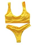 FLEAP Women's 2 Pieces Push Up Padded Swimsuit Revealing Thong Bikinis V Bottom Style Brazilian Bottom Bra Sets Yellow Small