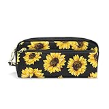 Students Pencil Case Pouch Yellow Blooming Sunflowers Black PU Leatehr Organizer Pen Holder Box Women Purse Wallet Waterproof Large Capacity Hand Mini Cosmetic Makeup Bag