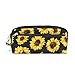 Students Pencil Case Pouch Yellow Blooming Sunflowers Black PU Leatehr Organizer Pen Holder Box Women Purse Wallet Waterproof Large Capacity Hand Mini Cosmetic Makeup Bag
