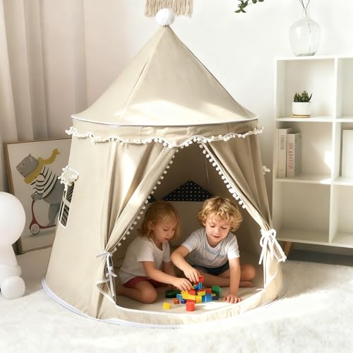 Kids Teepee Tent, Natural Canvas Playhouse with Fringe, Washable Fabric, Tipi Sleepover Tent, Includes Carry Storage Bag, Perfect for Indoor and Outdoor Fun (Khaki)