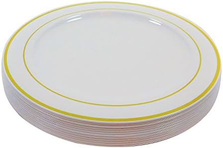 Fancy Plastic Plates - Set of 12 Dinner Plates (10 inches) - White with Gold Trim - Disposable