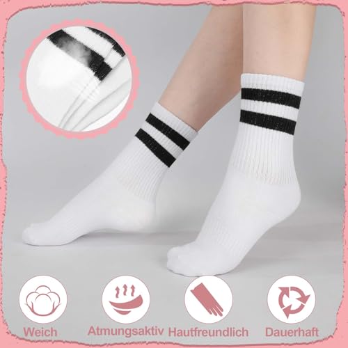 6 paia di calzini da donna 35-38 calzini da tennis in cotone retrò da donna calzini sportivi colorati con motivo a righe Crew Socks per donna ragazza tennis sport, Bianco/Nero/Rosa, 35-38
