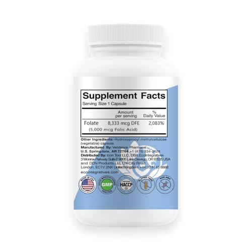 EcoIntegratives Folic Acid Folate 5mg (B9) Prenatal, Reproductive Health, Homocysteine, Metabolism, Cardiovascular, Bone, Immune Support, Allergen Free, Non GMO - 100 Vegan Capsules