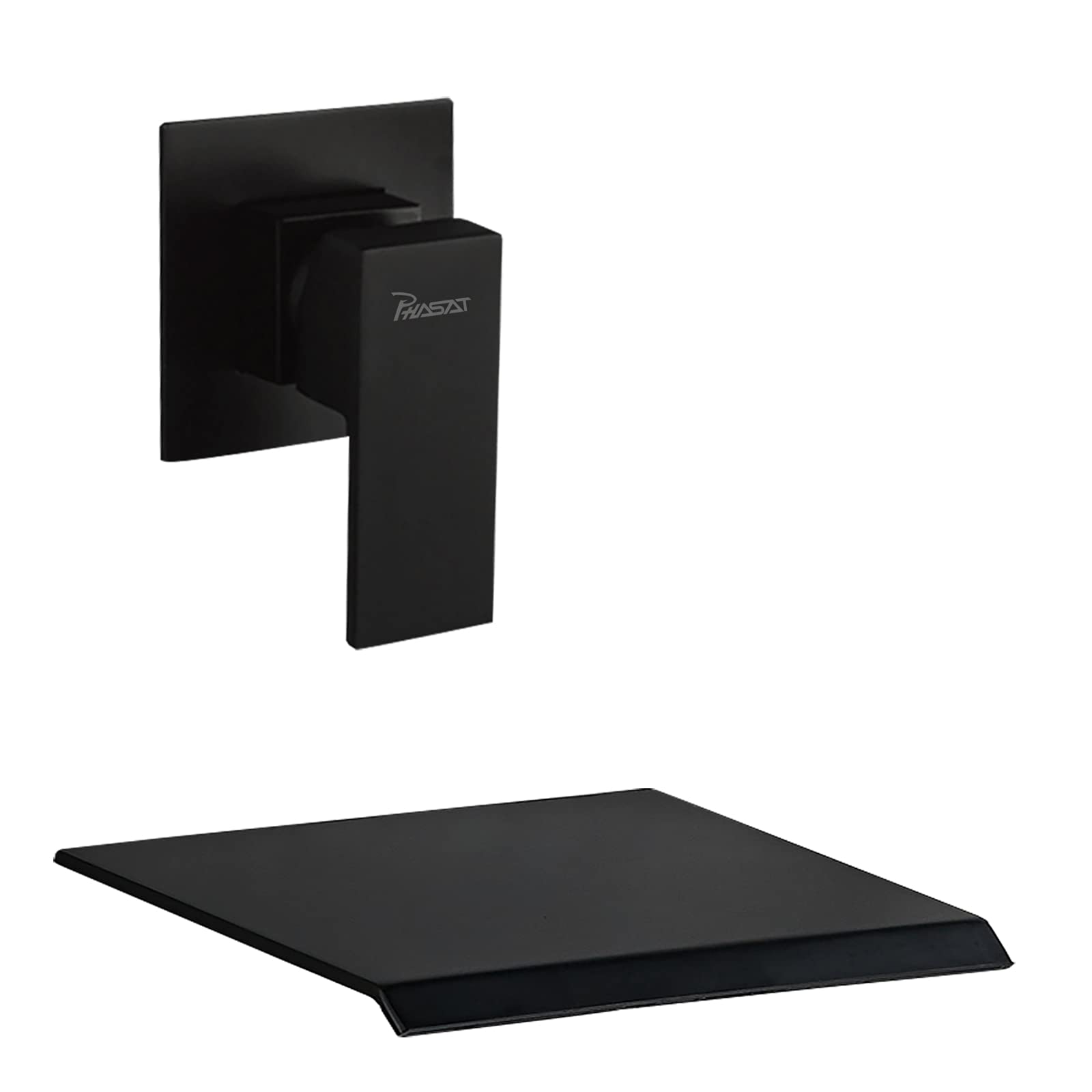 PHASAT Black Wall Mounted Bath Taps Brass Waterfall Basin Mixer Taps with 20cm Wide Spout Bath Filler Taps BB02E