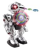 Android Battery Operated Disc Shooting Toy Robot Walking, Flashing Lights, Talking, Spinning, Disc Shooting Toy Robot (Silver)