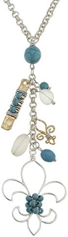 Women's Worn Silver Wire Wrapped Turquiose and Frost Glass Linked Fleur De Lis Necklace. Cluster Necklace. Two Tone Charms. Cut Out Fleur De Lis.