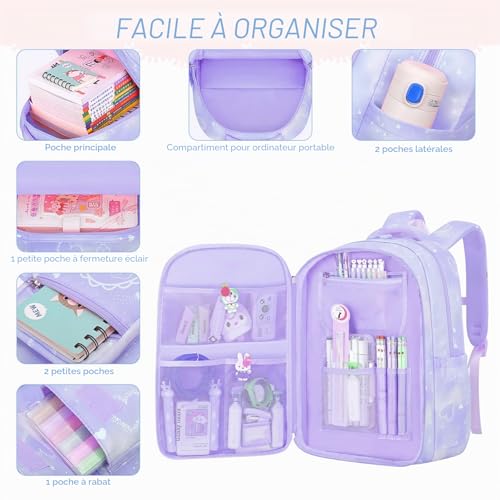 Amythe Kawaii 3-Piece Primary Girl's Backpack Set, School Bag, School Bag for Girls, College Lightweight for CP CE CM 6-12 Years L-Blue