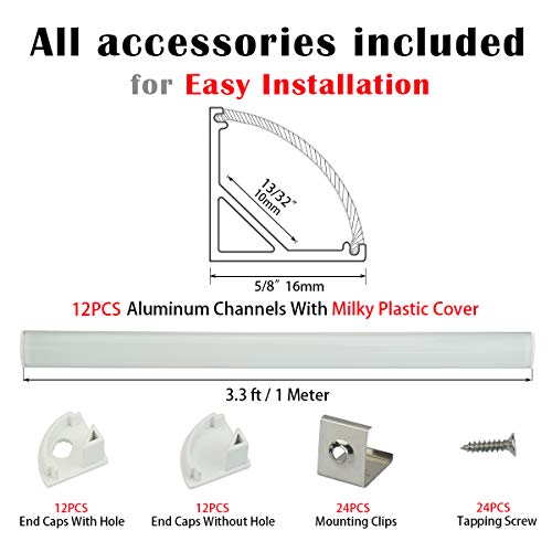 Muzata Aluminum Channel For Led Strip Light With Milky White Curved Diffuser Cover, End Caps, and Mounting Clips. Right Angle Aluminum Profile, V-Shape, 12-Pack 3.3ft/1M V1SW