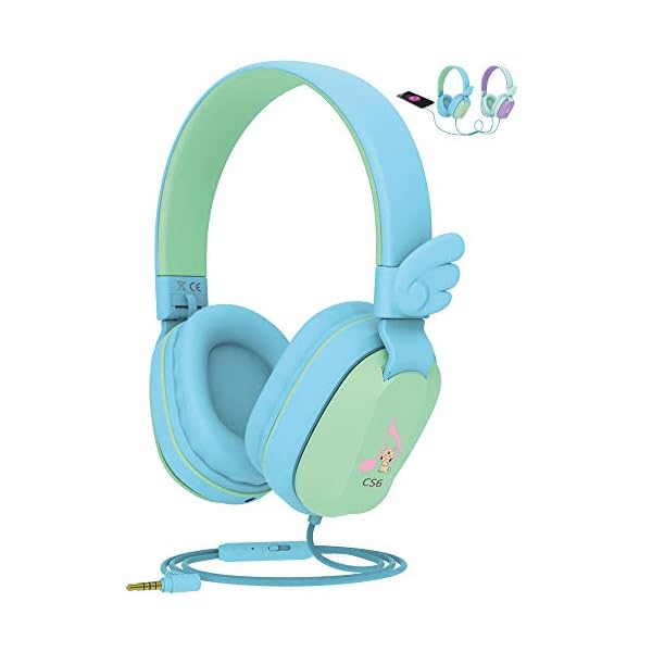 Kids-Headphones-Riwbox-CS6-Lightweight-Foldable-Stereo-Headphones-Over-Ear-Corded-Headset-Sharing-Function-with-Mic-and-Volume-Control-Compatible-with-iPadiPhonePCKindleTablet-BlueGreen Kids Headphones, Riwbox CS6 Lightweight Foldable Stereo Headphones Over Ear Corded Headset Sharing Function with Mic and…