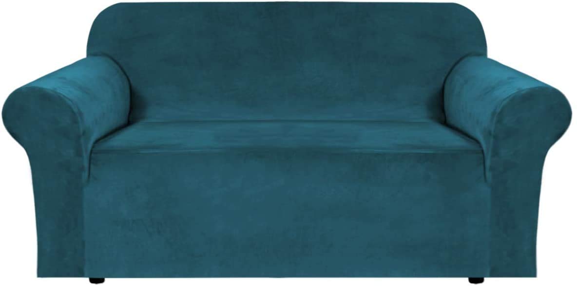 BellaHills Stretch Velvet Sofa Covers for 2 Cushion Couch Covers Sofa Slipcovers with Non Slip Straps Underneath The Furniture, Crafted from Thick Comfy Rich Velour (2 Seater, Deep Teal)