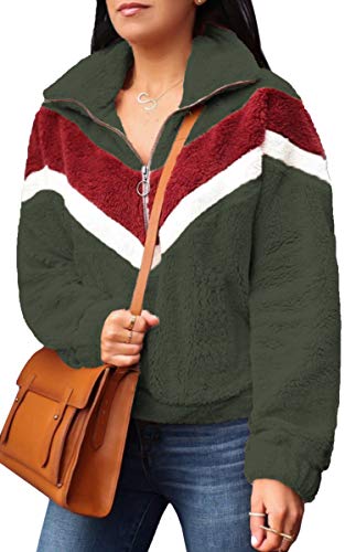 ECOWISH Women Long Sleeve Half Zipper Sherpa Sweatshirt Fuzzy Fleece Pullover Soft Jacket Outwear Coat Army Green Small