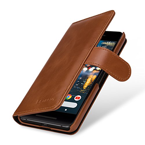 StilGut Google Pixel 2 Case, Wallet Flip Case With Built-in Credit Card Slots, Made of Leather, Cognac Brown - Thumbnail 2