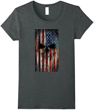 Womens Skull American Flag distressed Look Patriotic T-Shirt Large Dark Heather