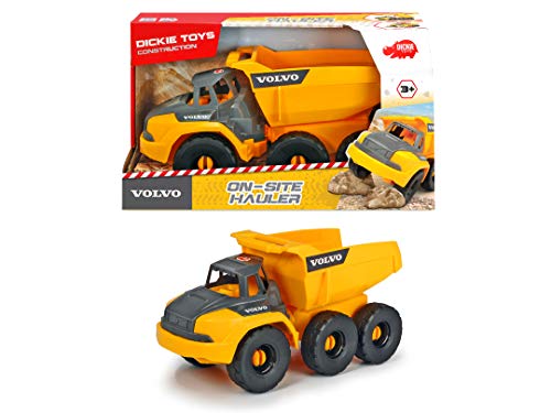 Dickie Toys Volvo Muldenkipper, Spielzeug Kipplaster mit Freilauf, bewegliche Gelenkachse hinter Führerhaus, bewegliche Ladefläche, offene Kabine, 26 cm, gelb/grau – Bild 7