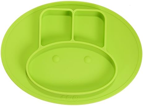 Lotoii Galaxy Mini Bunny Silicone Placemat and Plate, 3 Compartments, Non-slip Waterproof, Suction, Roll up with Travel Bag, Fits Highchair Trays, Dining Tables, FDA Approved, for Babies, Kids (Green)