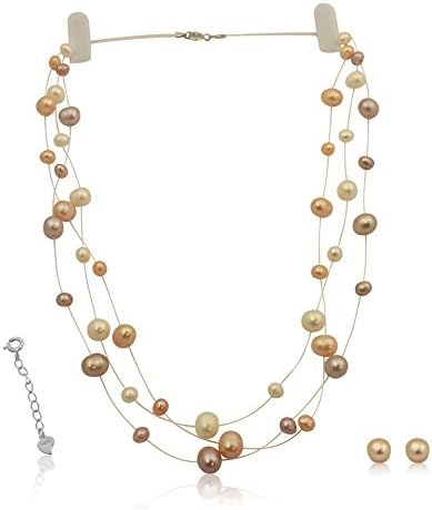 PearlsNSilver Bridal Sterling Silver Cultured Pearl Illusion Necklace Earrings 16" 18" inch 3 or 6 Strands