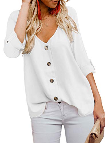 BLENCOT Women's Autumn V Neck Long Sleeve Button Up Shirts Casual Loose Fit Blouses Tops Work White XXL