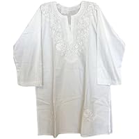 Mogul Interior Womens Tunic Ivory Floral Hand Embroidered Beach Bikini Cover Up Summer Dresses M