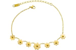 KOKOMA Daisy Flower Anklet for Women Girls Titanium Stainless Steel Little Flower Ankle Bracelet Adjustable Foot Chain 18K Gold Plated Ankle Accessories Beach Foot Jewelry for Summer Sandals