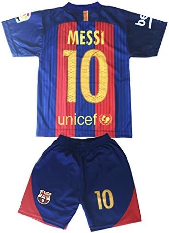 Hussain Tees Youth FC Barcelona Messi 10 Jersey/Shorts Football Soccer (DriFit) (6-8 yrs, Red &amp; Blue)