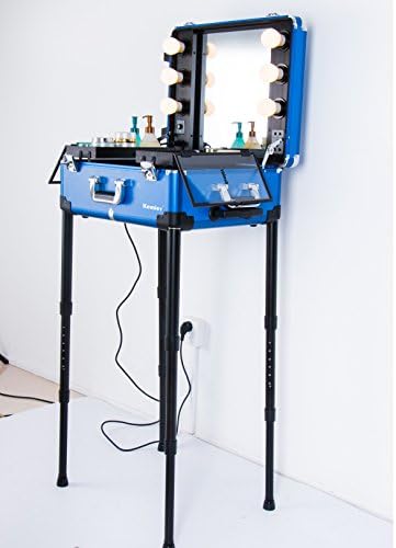 Kemier Makeup Case,Professional Artist Studio Cosmetic Train Table w/4 Rolling Wheels & Lights & Mirror,Pro Makeup Station,Cover Board and Easy Clean Extendable Trays,Adjustable Legs,Sturdy (Blue)