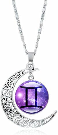Zodiac Twelve Constellations Symbol Silver Moon Pendant Friendship Gift Necklace Blue Galaxy 01 Gemini