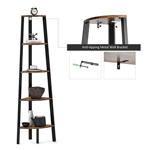 image for Ballucci Industrial Corner Shelf, 5-Tier Bookcase Storage Rack, Wood P